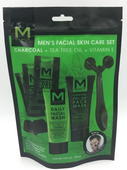 Men's Daily Facial Skin Care Set - Organic Charcoal + Tea Tree Oil + Vitamin E - Original Face Skin Care Package - Natural Gift Set